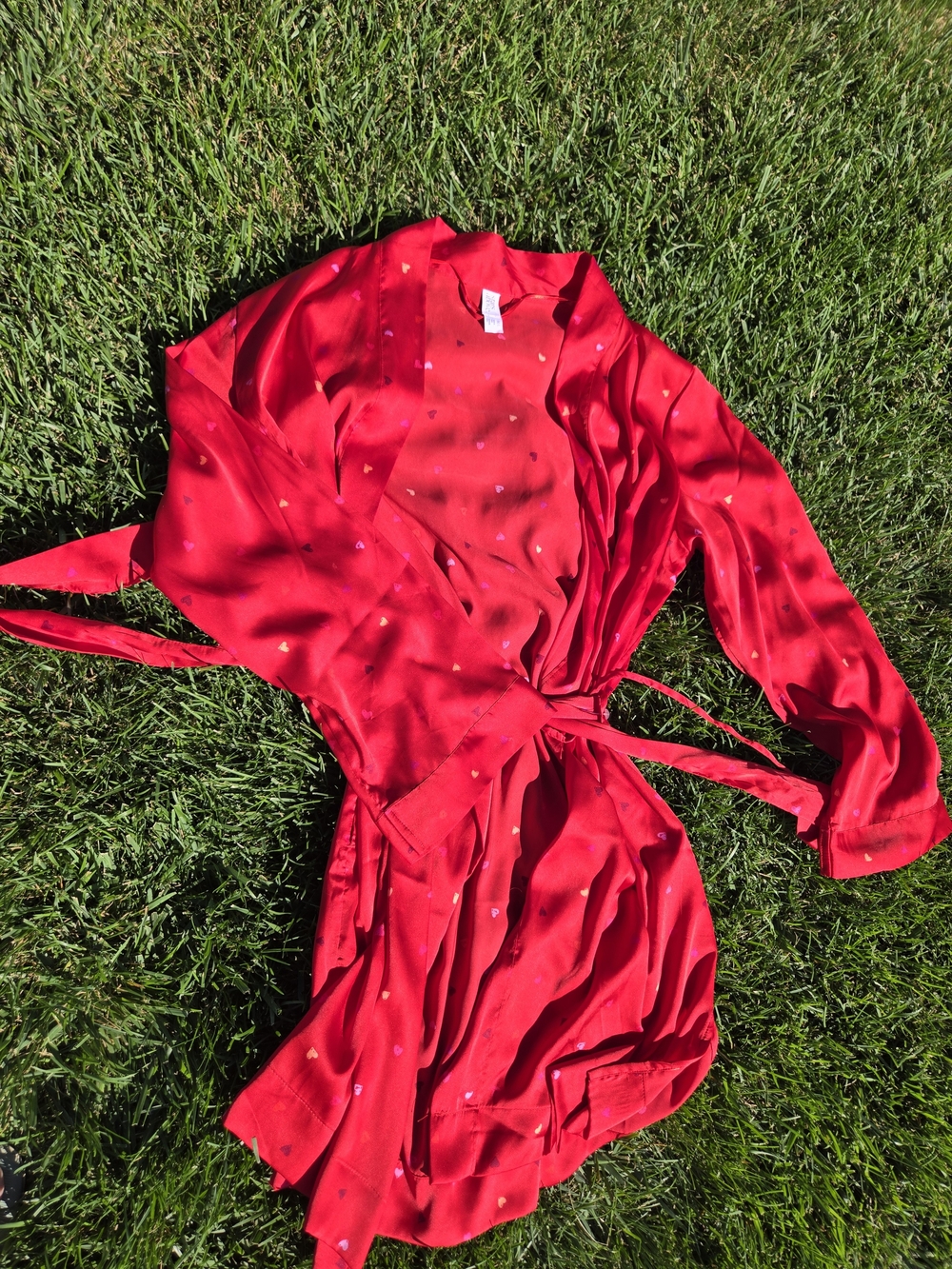 stars above Red Satin Robe with Tiny Heart Accents